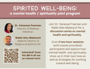 A tan, beige, and pink flyer describing a spiritual and mental health pilot program with Dr. Vanessa Freeman and Rabbi Alex Malanych.